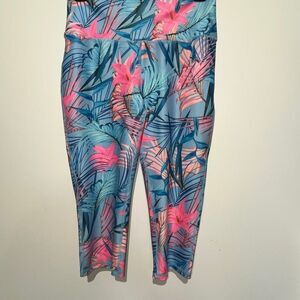 Brisas Womens Tropical Print Pull-On Stretch Capri Leggings Blue Pink Size Small